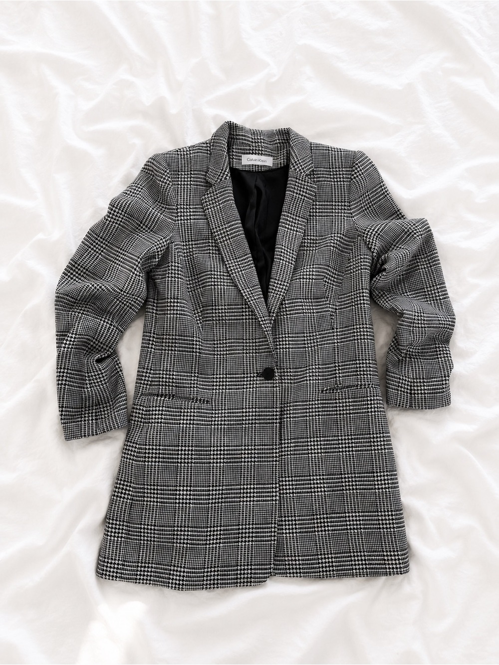 Calvin Klein Black & White Glen Plaid Long Blazer